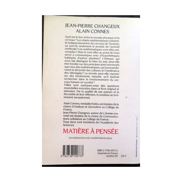 Matière à pensée de Jean-Pierre Changeux et Alain Connes 1989
