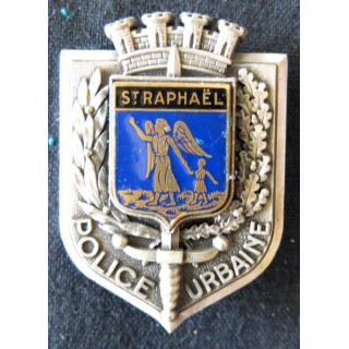 POLICE : insigne métallique de la Police urbaine de la ville de Saint-Raphaël de fabrication Delsart Sens