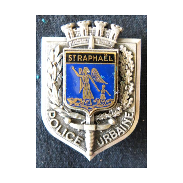 POLICE : insigne métallique de la Police urbaine de la ville de Saint-Raphaël de fabrication Delsart Sens