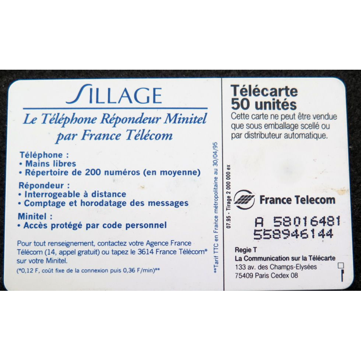 Carte téléphonique télécarte 50 unités Sillage Minitel