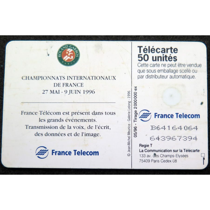 Carte téléphonique télécarte 50 unités Roland Garros 1996