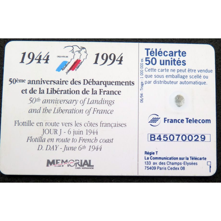 Carte téléphonique télécarte 50 unités 1944 1994 50° anniversaire des débarquements 