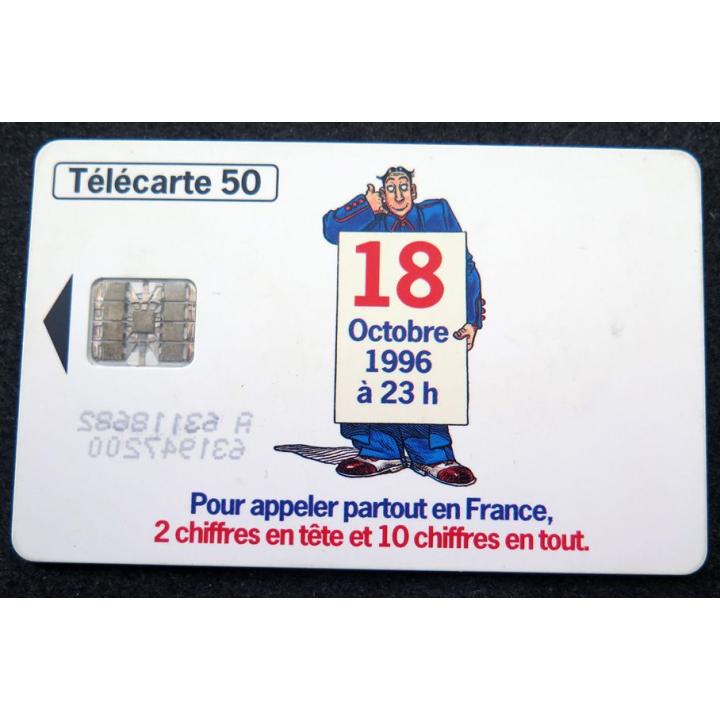 Carte téléphonique télécarte 50 unités 18 Octobre 1996 23h numérotation à 10 chiffres