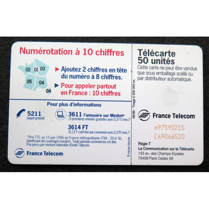Carte téléphonique télécarte 50 unités 18 Octobre 1996 23h numérotation à 10 chiffres