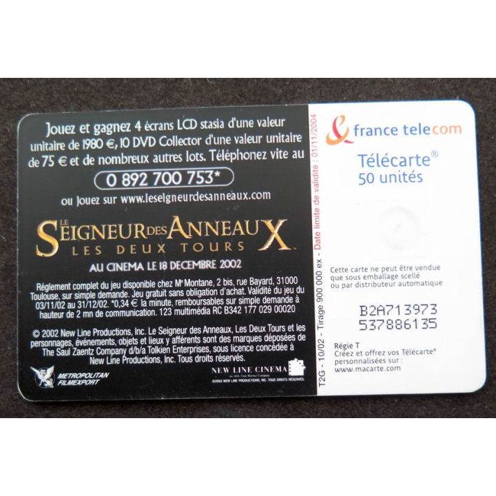 Carte téléphonique télécarte 50 unités Le Seigneur des Anneaux Les Deux Tours