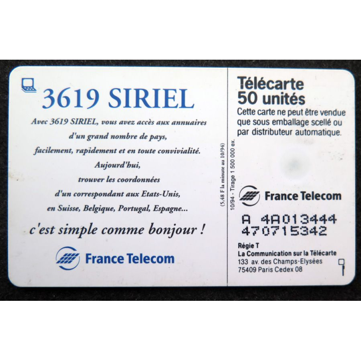 Carte téléphonique télécarte 50 unités 3619 SIRIEL