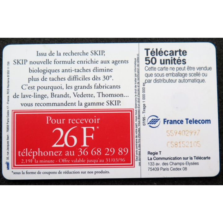 Carte téléphonique télécarte 50 Skip élimine plus de taches