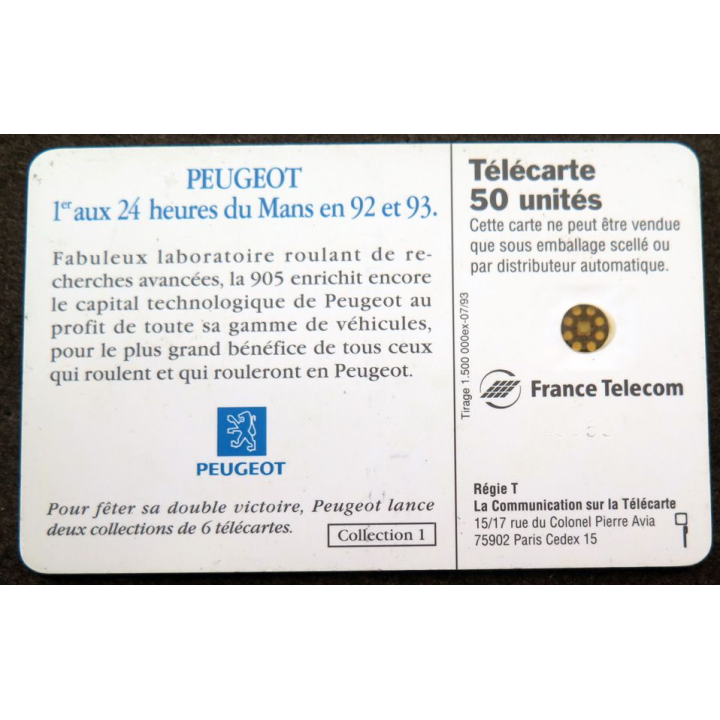 Carte téléphonique télécarte 50 Peugeot 1° aux 24 heures du Mans