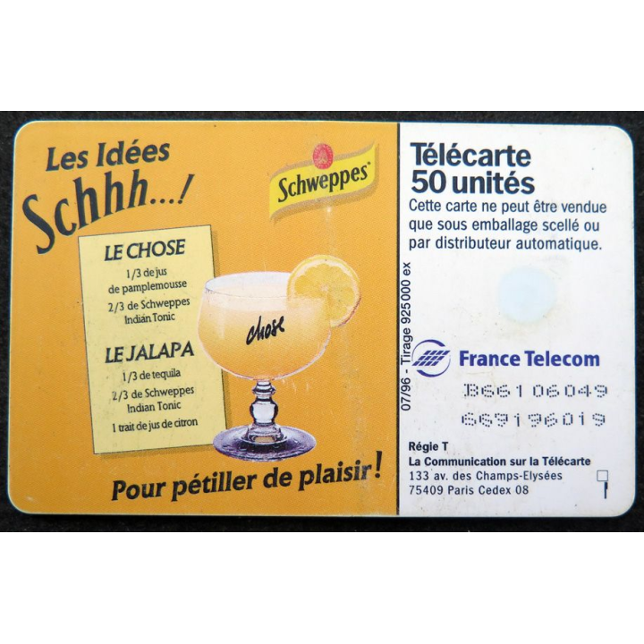 Carte téléphonique télécarte 50 Schweppes