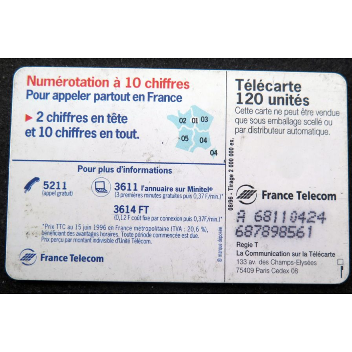 Carte téléphonique télécarte 120 Numérotation à 10 chiffres