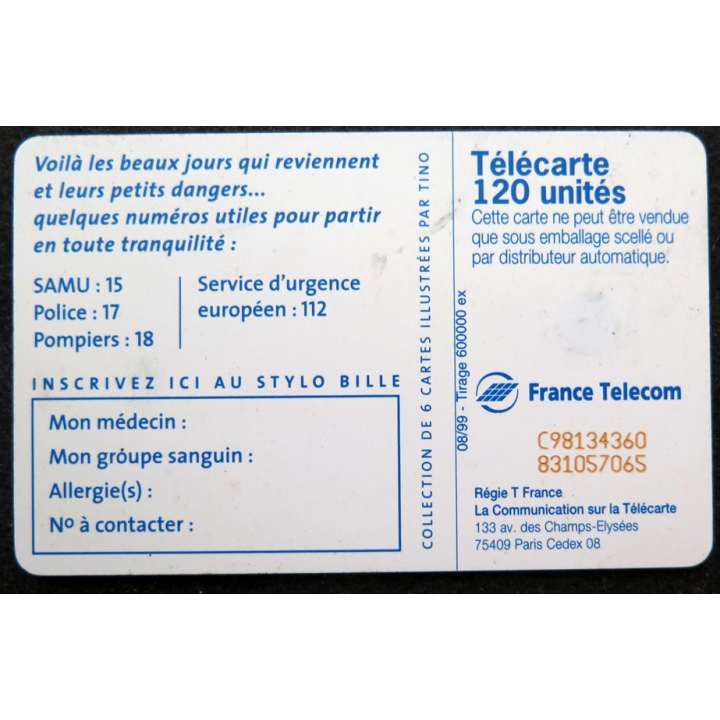 Carte téléphonique télécarte 120 Services d'Urgence