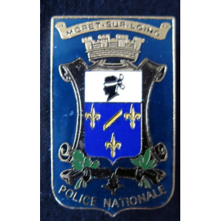 POLICE : insigne métallique en émail de la Police Nationale de la ville de Moret-sur-Loing de fabrication JYS 1992
