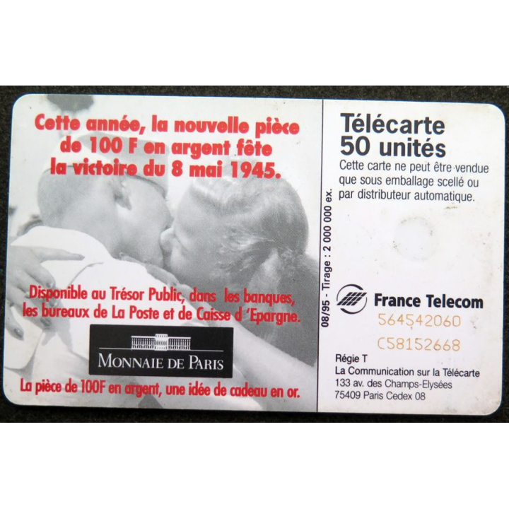 Carte téléphonique télécarte 50 100 Francs argent 8 mai 1945