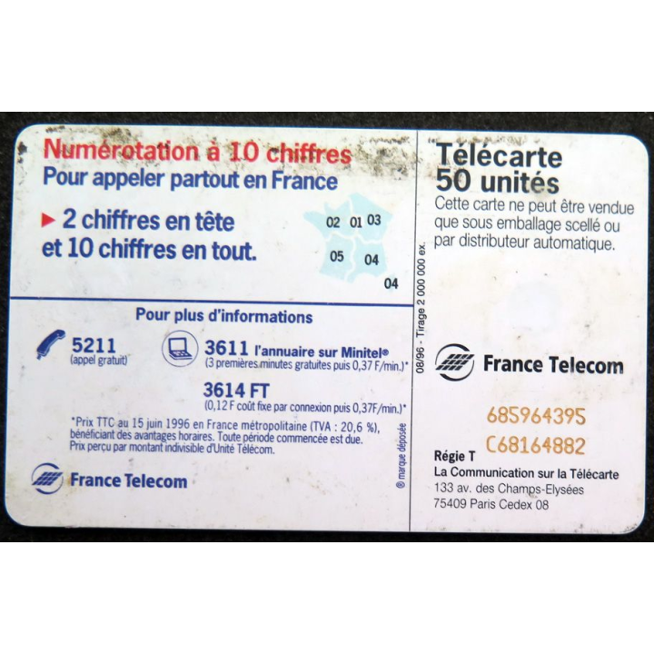 Carte téléphonique télécarte 50 Numérotation à 10 chiffres