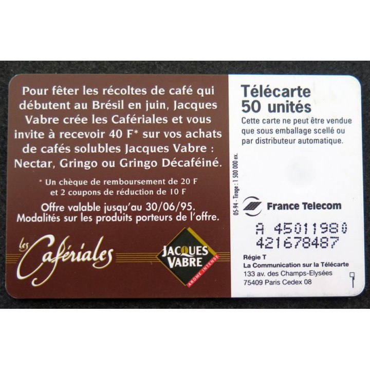 Carte téléphonique télécarte 50 unités Les Cafériales Jacques Vabre