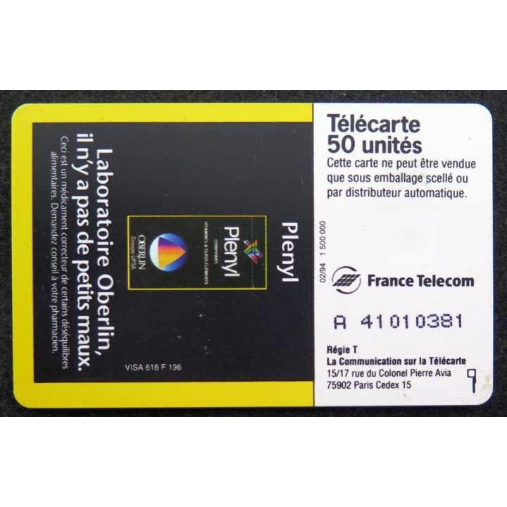 Carte téléphonique télécarte 50 unités Plenyl Laboratoire Oberlin