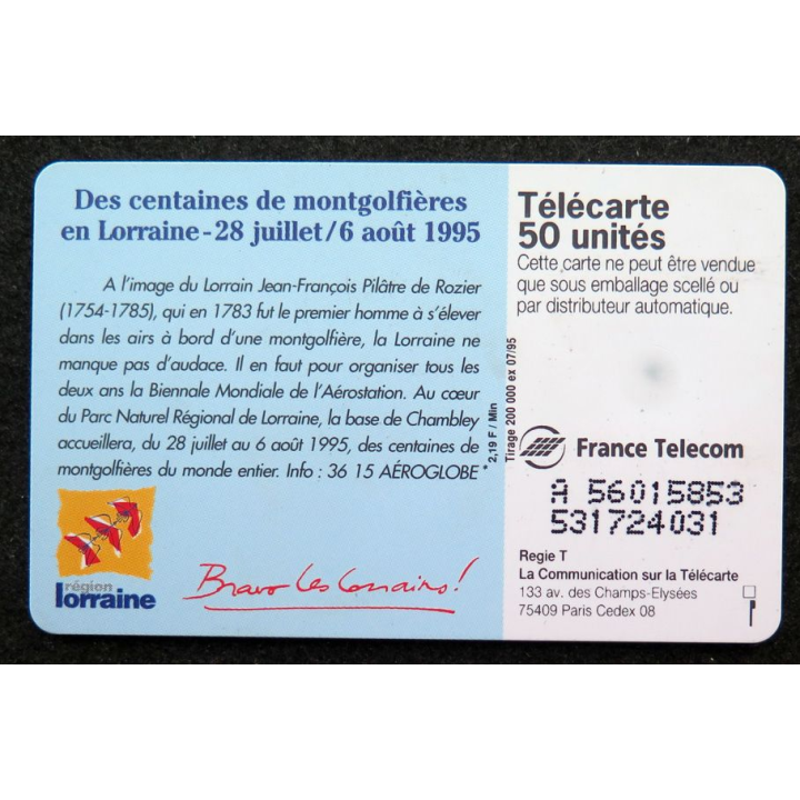 Carte téléphonique télécarte 50 unités Biennale mondiale aérostation Lorraine 95