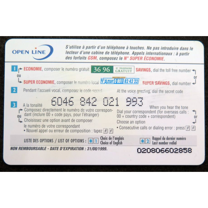Carte téléphonique télécarte 60 unités Open line