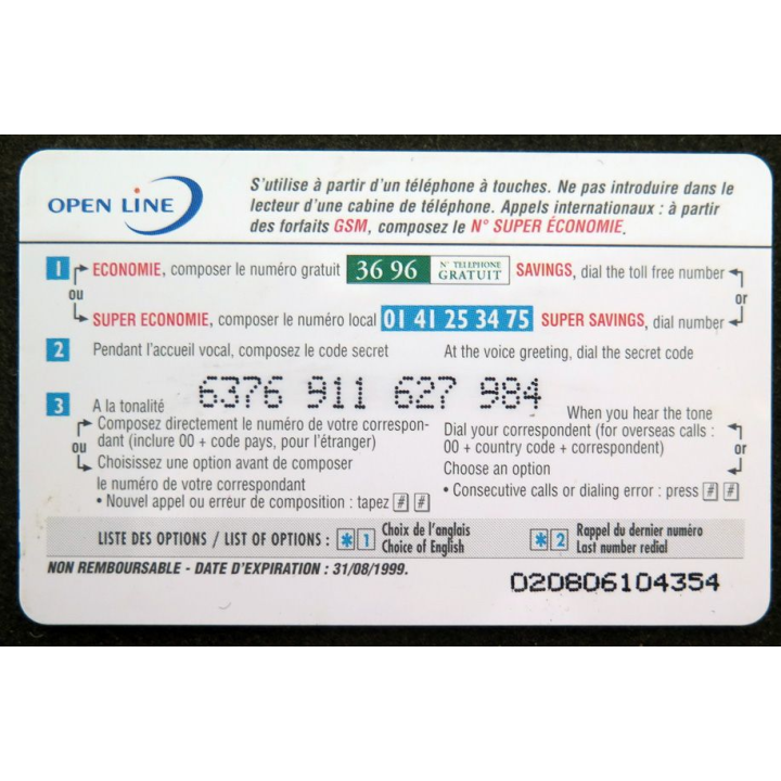 Carte téléphonique télécarte 60 unités Open line