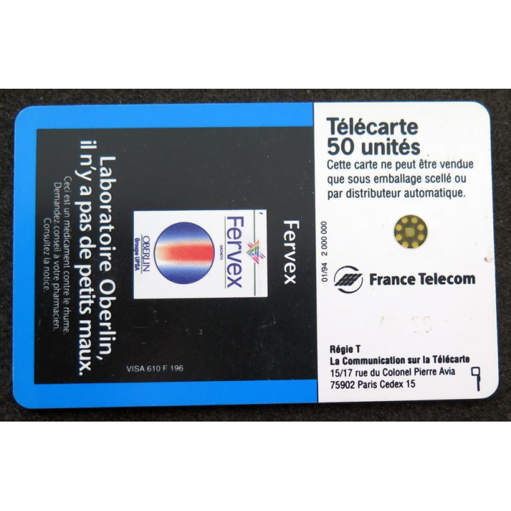 Carte téléphonique télécarte 50 unités Fervex Laboratoire Oberlin