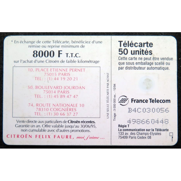 Carte téléphonique télécarte 50 unités Cette télécarte vaut 8000 F chez Citroën Félix Faure