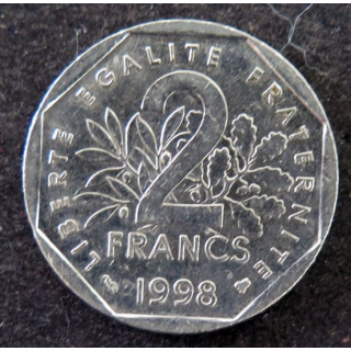 FRANCE : pièce de 2 francs Semeuse Nickel tranche striée 1998