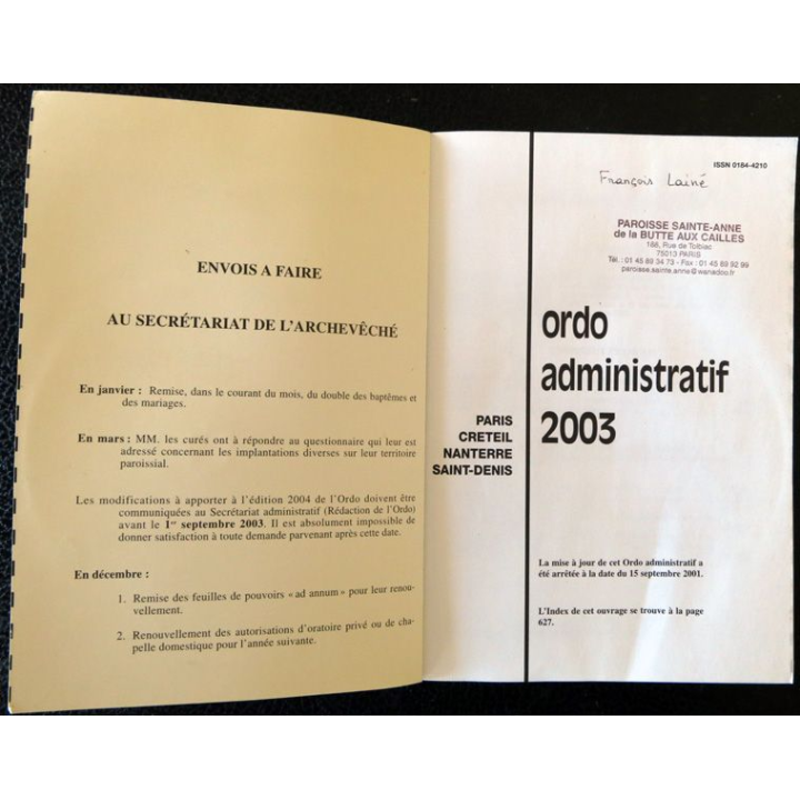 Ordo administratif 2003 édité par Imprimerie Indica