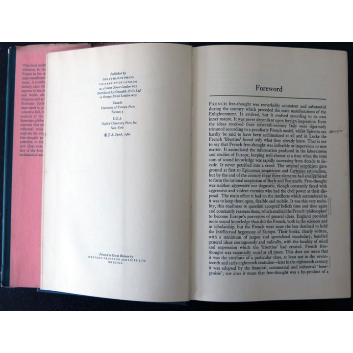 French Free-Thought from Grassendi to Voltaire de  J. S. Spink aux Editions University of London (1960)