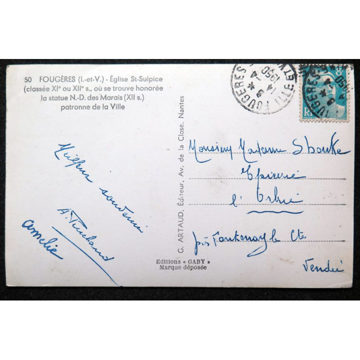 Carte postale Fougères n° 50 Eglise St Sulpice 1950 Timbrée 