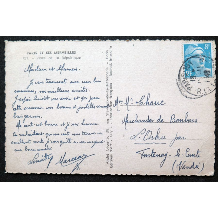 Carte postale Paris et ses merveilles n° 157 Place de la République 1948 timbrée