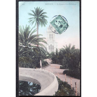 Carte postale Bizerte n° 102 Le square et la Cathédrale 1908 (déchirée sur le côté)
