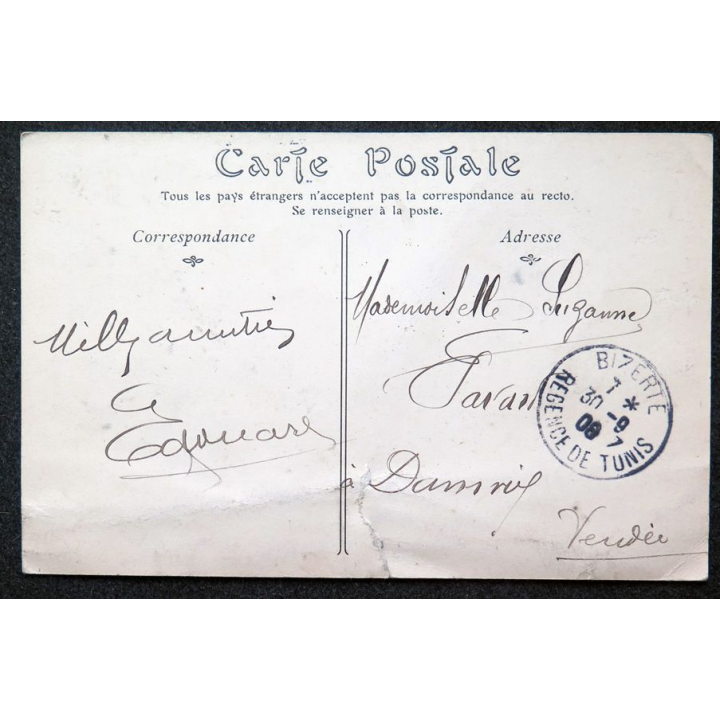 Carte postale Bizerte n° 102 Le square et la Cathédrale 1908 (déchirée sur le côté)