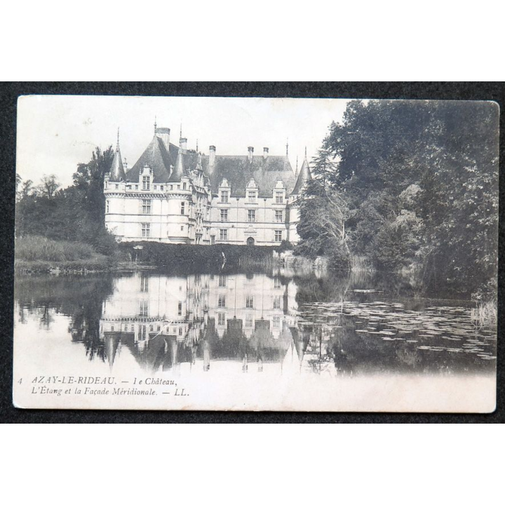 Carte postale Azay le Rideau n° 4 Le Château l'étang et la façade méridionale 1905 timbrée