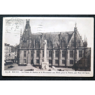 Carte postale Rouen n° 28 Le Palais de Justice et le Monument aux morts pour la Patrie 1937 timbrée