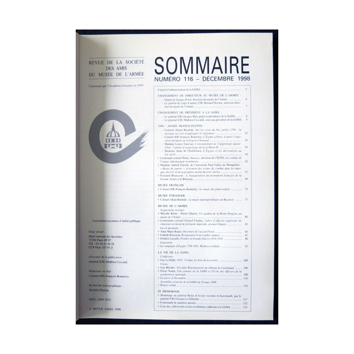 Revue de la société des amis du Musée de l'Armée N° 116 - décembre 1998