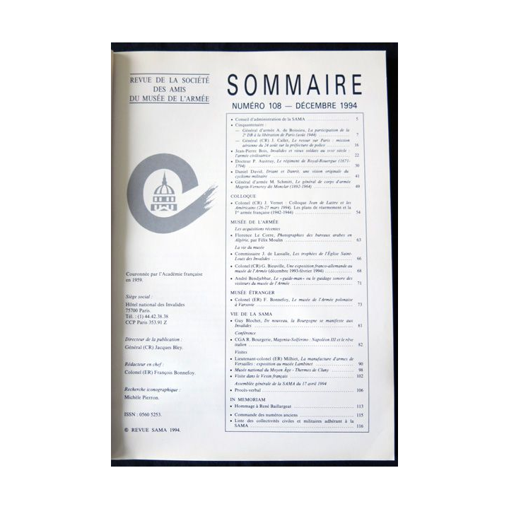 Revue de la société des amis du Musée de l'Armée N° 108 - décembre 1994