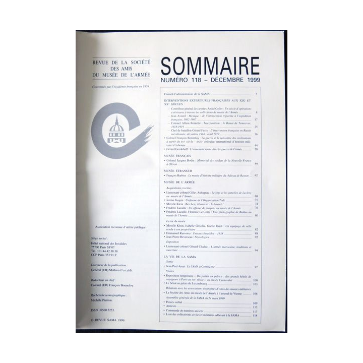 Revue de la société des amis du Musée de l'Armée N° 118 - décembre 1999