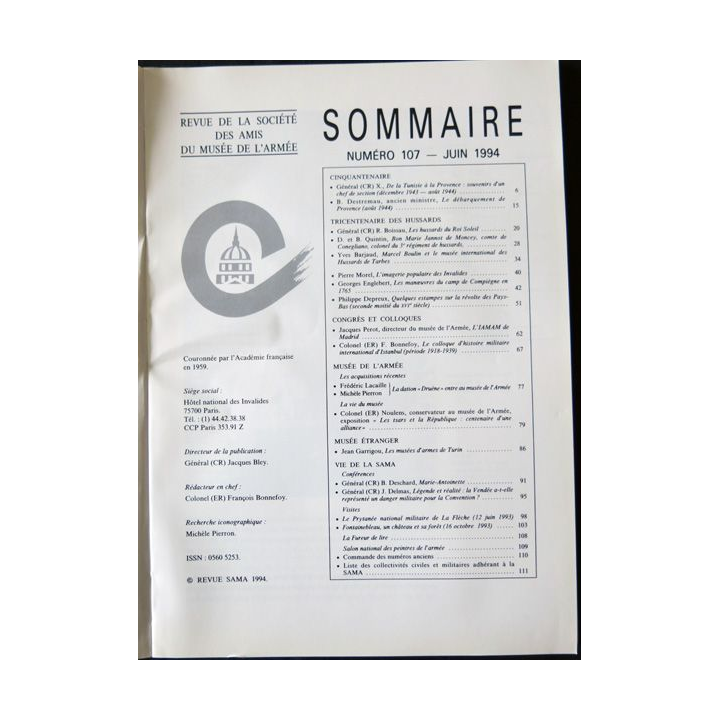 Revue de la société des amis du Musée de l'Armée N° 107 - juin 1994