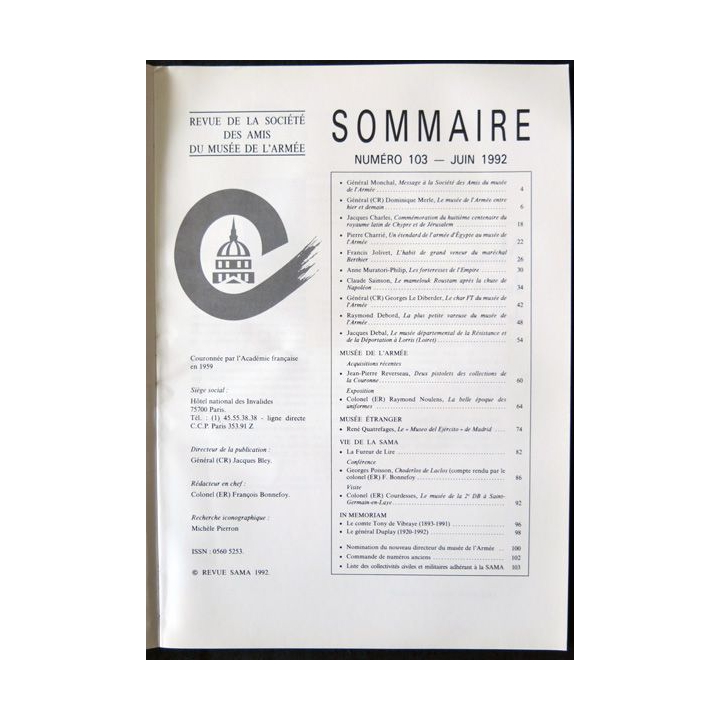 Revue de la société des amis du Musée de l'Armée N° 103 - juin 1992