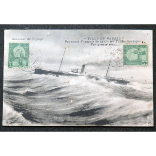 Carte postale souvenir de voyage Paquebot français Ville de Madrid 1913 timbrée