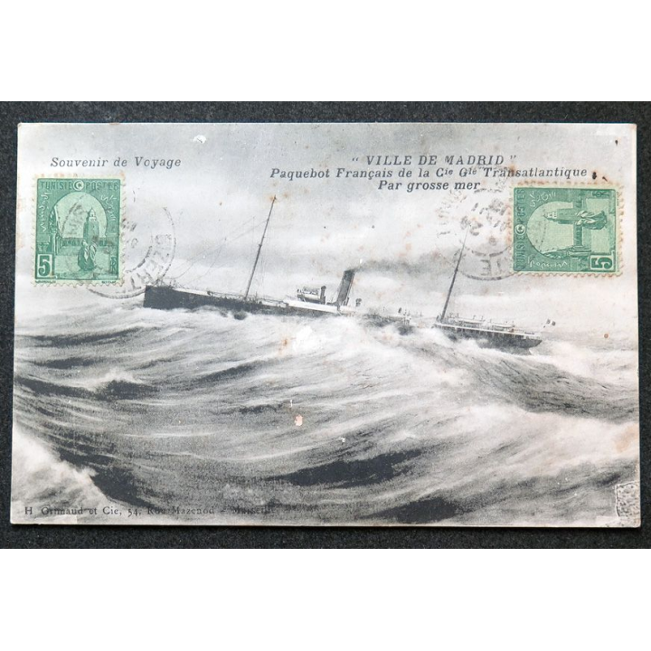 Carte postale souvenir de voyage Paquebot français Ville de Madrid 1913 timbrée