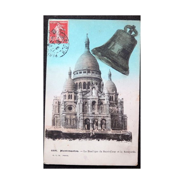 Carte postale Montmartre n° 684 La basilique du Carré Coeur et la Savoyarde 1908 Timbrée