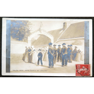 Carte postale Salon 1909 Berg Sortie de l'Eglise timbrée