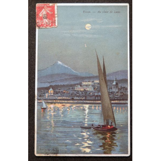 Carte postale Evian Au Clair de Lune 1908 timbrée