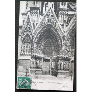 Carte postale Cathédrale de Reims Portail latéral gauche 1908 timbrée