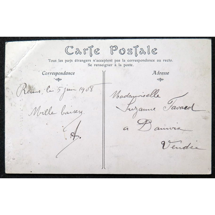 Carte postale Cathédrale de Reims Portail latéral gauche 1908 timbrée