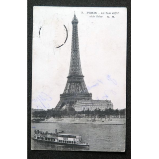 Carte postale Paris n° 3 La Tour Eiffel et la Seine 1915