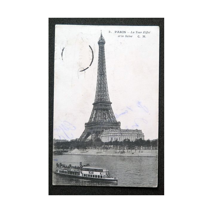 Carte postale Paris n° 3 La Tour Eiffel et la Seine 1915