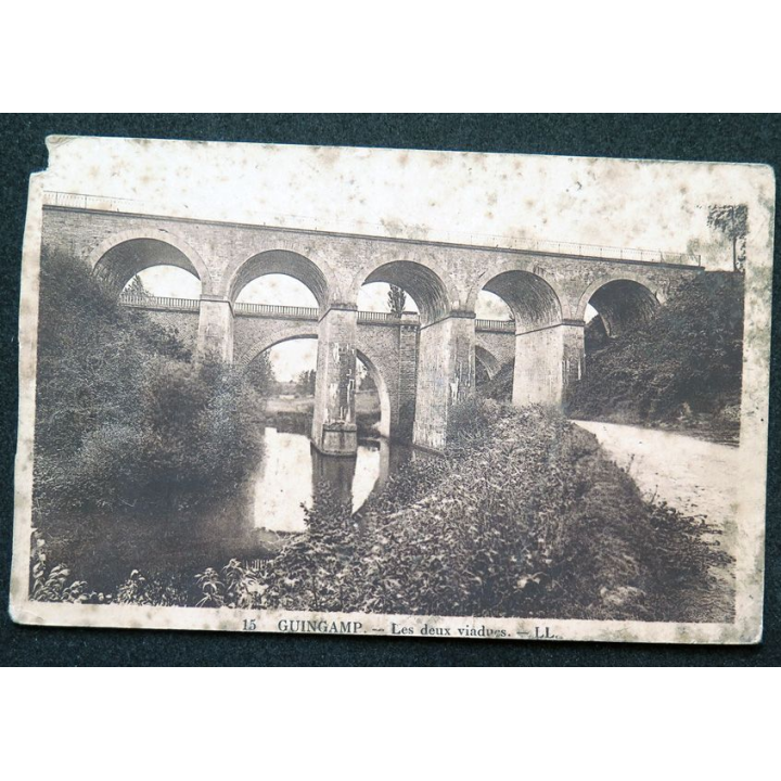 Carte postale Guingamp n° 15 Les deux viaducs (écormée) 1936