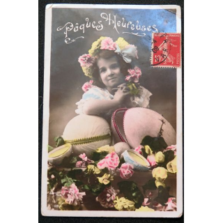 Carte postale Pâques heureuses 1908 timbrée 